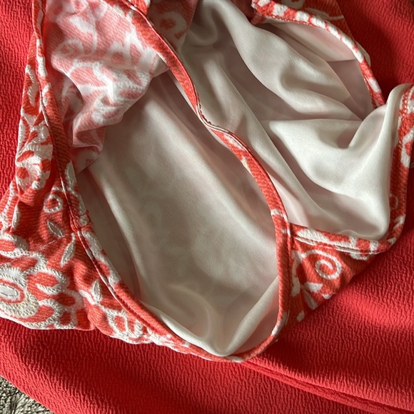 Floral sundress L coral white textured poly stretch full skirt color block Nina - Picture 7 of 7